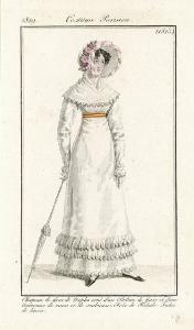 Journal des Dames et des Modes. Costume Parisien. Chapeau de Gros de Naples orné d'un Ruban de Gaze et d'une Couronne de roses et de scabieuses. Robe de Perkale. Fichu de linon