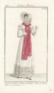 Journal des Dames et des Modes. Costume Parisien. Capote de Perkale. Echarpe de Barèges. Robe de Perkale garnie de mousseline