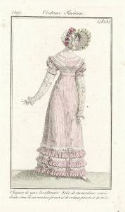 Journal des Dames et des Modes. Costume Parisien. Chapeau de gaze bouillonnée. Robe de mousseline, ornée d'entre deux de mousseline froncée et de volans pareils à la robe