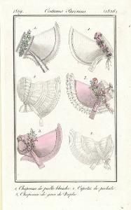 Journal des Dames et des Modes. Costumes Parisiens. 1, Chapeaux de paille blanche. 2, Capotes de perkale. 3, Chapeaux de gros de Naples