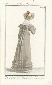 Journal des Dames et des Modes. Costume Parisien. Chapeau de gros de Naples, orné de fleurs de Tulipier. Robe de Batiste ècrue, à Taille boutonnée. Fichu de Gaze