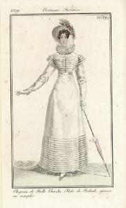 Journal des Dames et des Modes. Costume Parisien. Chapeau de Paille blanche. Robe de Perkale, garnie en remplis