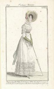 Journal des Dames et des Modes. Costume Parisien. Chapeau de paille d'Italie, bordé de gaze. Robe de perkale à corsage de mousseline froncée entre des gances. Bas de robe et manches froncés à plis ronds