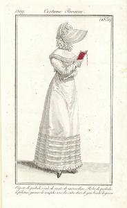 Journal des Dames et des Modes. Costume Parisien. Capote de perkale, ornée de crevés de mousseline. Robe de perkale, à pélerine, garnie de remplis avec des entre deux de gaze bordés de gances