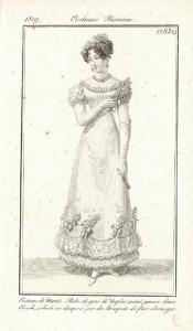 Journal des Dames et des Modes. Costume Parisien. Costume de Mariée. Robe de gros de Naples moiré, garnie d'une blonde, relevée en draperie par des Bouquets de fleur d'oranger