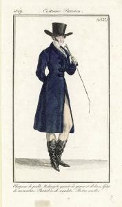 Journal des Dames et des Modes. Costume Parisien. Chapeau de paille. Redingote garnie de gances et d'olives. Gilet de mousseline. Pantalon de nankin. Bottes molles