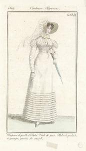 Journal des Dames et des Modes. Costume Parisien. Chapeau de paille d'Italie. Voile de gaze. Robe de perkale, à guimpe, garnie de remplis