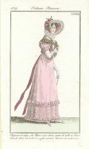 Journal des Dames et des Modes. Costume Parisien. Chapeau de crêpe; La Passe ornée d'une ruche de tulle et d'une blonde. Robe de toile à remplis ceintrés. Sautoir de cachemire