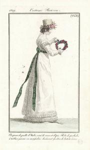 Journal des Dames et des Modes. Costume Parisien. Chapeau de paille d'Italie, orné de roses et d'epis. Robe de perkale, à tablier, garnie en mousseline. Souliers et Guêtres de batiste écrue