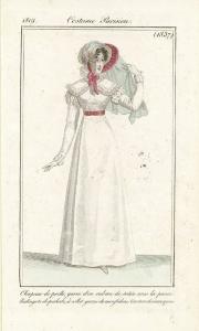 Journal des Dames et des Modes. Costume Parisien. Chapeau de paille, garni d'un ruban de satin sous la passe. Redingote de perkale, à collet garni de mousseline. Ceinture de maroquin