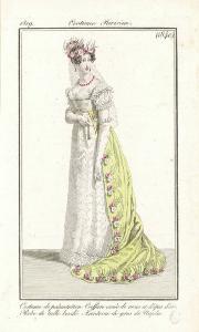 Journal des Dames et des Modes. Costume Parisien. Costume de présentation. Coeffure ornée de roses et d'epis d'or. Robe de tulle brodé. Manteau de gros de Naples