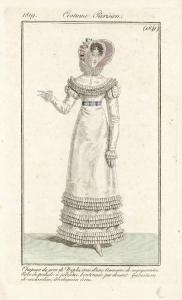 Journal des Dames et des Modes. Costume Parisien. Chapeau de gros de Naples, orné d'une Couronne de marguerites. Robe de perkale à pélerine boutonnée par devant. Guarnitures de mousseline, Brodequins écrus