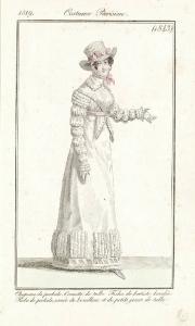 Journal des Dames et des Modes. Costume Parisien. Chapeau de perkale. Cornette de tulle. Fichu de batiste brodée. Robe de perkale, ornée de bouillons et de petits jours de tulle