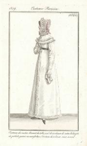 Journal des Dames et des Modes. Costume Parisien. Costume du matin. Bonnet de tulle, orné de rouleaux de satin. Redingote de perkale, garnie en mousseline. Ceinture de velours sans noeud