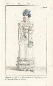 Journal des Dames et des Modes. Costume Parisien. Chapeau de tulle et rouleaux. Robe de mousseline garnie de dentelle. Echarpe de soie