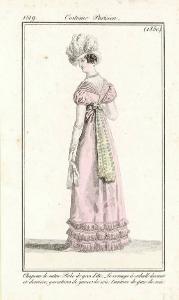 Journal des Dames et des Modes. Costume Parisien. Chapeau de satin. Robe de gros d'été. Le corsage à schall devant et derrière, garnitures de gances de soie. Ceinture de gaze de soie