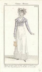 Journal des Dames et des Modes. Costume Parisien. Chapeau de crêpe et liserés de satin. Spencer à schall, en gros d'été. Robe de perkale, garnie de bouillons de mousseline