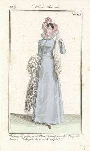Journal des Dames et des Modes. Costume Parisien. Chapeau de satin, orné d'une Cocarde pareille. Voile de dentelle. Redingote de gros de Naples
