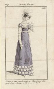 Journal des Dames et des Modes. Costume Parisien. Chapeau de satin, orné de marabouts. Robe de gros d'été, garnie de gaze. Echarpe en filet de soie et chenille