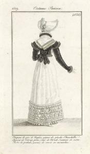 Journal des Dames et des Modes. Costume Parisien. Chapeau de gros de Naples, garni de pluche- Chinchilla. Spencer de Velours plein, orné de Blonde. Ceinture de satin. Robe de perlake, garnie de crevés en mousseline