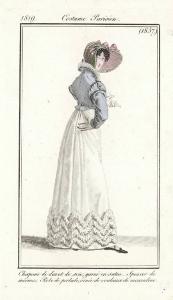 Journal des Dames et des Modes. Costume Parisien. Chapeau de duvet de soie, garni en satin. Spencer de mérinos. Robe de perkale, ornée de rouleaux de mousseline
