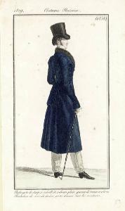 Journal des Dames et des Modes. Costume Parisien. Redingote de drap, à schall de velours plein, garnie de tresses et olives. Pantalon de cuir de laine, avec tresses sur les coutures