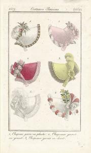 Journal des Dames et des Modes. Costumes Parisiens. 1, Chapeau garni en pluche. 2, Chapeaux garnis en granit. 3, Chapeaux garnis en duvet