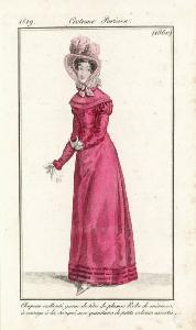 Journal des Dames et des Modes. Costume Parisien. Chapeau caillouté, garni de têtes de plumes. Robe de mérinos, à corsage à la Sévigné, avec garnitures de petits velours assortis