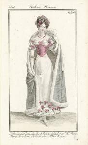 Journal des Dames et des Modes. Costume Parisien. Coeffure en gaze lamée, Camélia et Cheveux, éxécutée par Mr. Plaisir. Corsage de velours. Robe de crêpe. Pelisse de satin