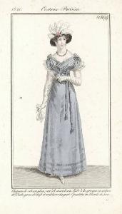 Journal des Dames et des Modes. Costume Parisien. Chapeau de velours plein, orné de marabouts. Robe à la grecque en crèpon de l'Inde, garni de chefs et cordelières d'argent. Epaulettes en Blonde de soie