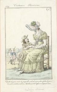 Journal des Dames et des Modes. Costumes Parisiens. Capotte de gaze ornée de jonquilles, robe de mousseline, fichu de gaze brochée, ceinture ombrée. Habillement de l'enfant en baptiste écrue