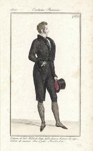 Journal des Dames et des Modes. Costume Parisien. Coeffure en cheveux, Tortillons de perles et fleurs, exécutée par Mr. Guillaume. Corsage de satin, garni de tulle et blonde. Robe de tulle