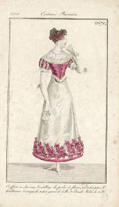 Journal des Dames et des Modes. Costume Parisien. Costume de bal. Habit de drap. Gilet de soie. dessous de reps. Culote de casimir. Bas à jour. Boucles d'or