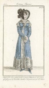 Journal des Dames et des Modes. Costume Parisien. Chapeau de velours plein, bordé en plumes. Witzchoura de velours épinglé, garni de chinchilla. Bottines à la polonnaise, de Mr. Michiels