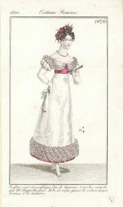 Journal des Dames et e des Modes. Costume Parisien. Coeffure ornée de saxifrages, Epis de diamans et perles, exécutée par Mr. Hippolite jeune. Robe de crêpe , garnie de rubans de gaze. Souliers à la Batelière