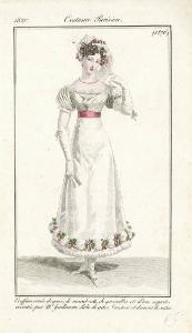 Journal des Dames et des Modes. Costume Parisien. Coeffure ornée de gaze, de marabouts, de groseilles et d'un esprit, exécutée par Mr. Guillaume. Robe de gaze. Ceinture et dessous de satin