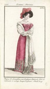 Journal des Dames et des Modes. Costume Parisien. Chapeau de velours plein, orné de plumes d'Autruche. Robe de Cachemire à corsage, busqué et froncé. Schall long