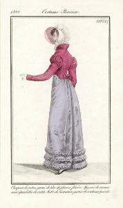 Journal des Dames et des Modes. Costume Parisien. Chapeau de satin, garni de têtes de plumes frisées.Spencer de casimir avec épaulettes de satin. Robe de lévantine, garnie de rouleaux pareils