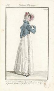 Journal des Dames et des Modes. Costume Parisien. Chapeau de gros de Naples. Spencer de velours épinglé. Robe de perkale. Tablier de perkale, garni en mousseline