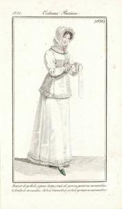 Journal des Dames et des Modes. Costume Parisien. Bonnet de perkale, à passe large, ornée de gances, garni en mousseline. Colerette de mousseline. Robe et Camisole de perkale garnies en mousseline