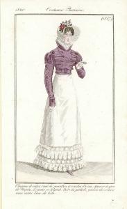 Journal des Dames et des Modes. Costume Parisien. Chapeau de crêpe, orné de jacinthes et oreilles d'ours. Spencer de gros de Naples, à pattes et glands. Robe de perkale, garnie de volans avec entre deux de tulle