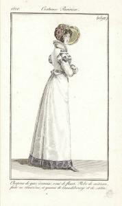 Journal des Dames et des Modes. Costume Parisien. Chapeau de gaze écossaise, orné de fleurs. Robe de mérinos, faite en Amazône, et garnie de brandebourgs et de satin
