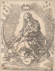 La Madonna seduta sulla luna crescente allatta Gesù Bambino