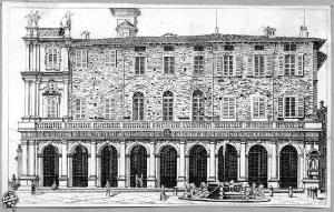 Bergamo. Istituto tecnico ex Palazzo Nuovo e fontana di Piazza Vecchia