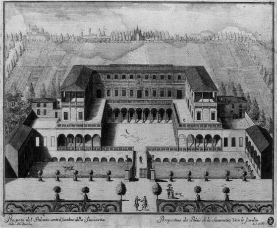 MarcAntonio Dal Re, Veduta del Palazzo della Simonetta, incisione da Ville di delizia o siano palagi camparecci nello Stato di Milano, Milano 1726.